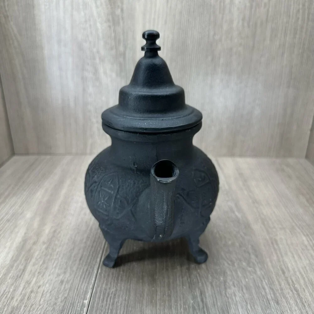Vintage Ornate Cast Iron Moroccan Teapot w/ Lid Textured Matte Black